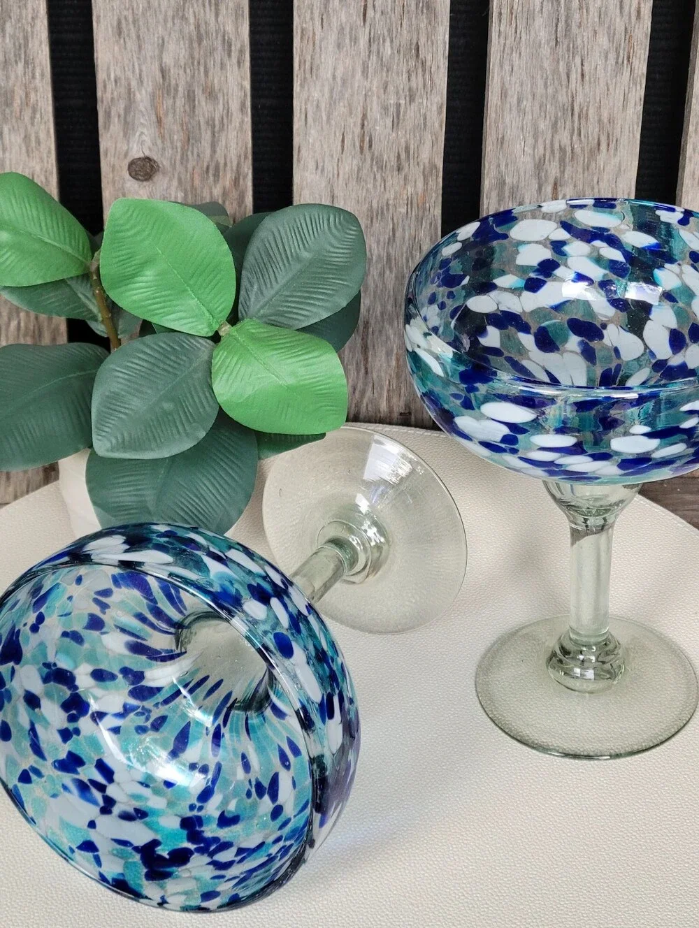 Handblown Mexican Margarita Stemware Vibrant Blue Confetti Set Of 2